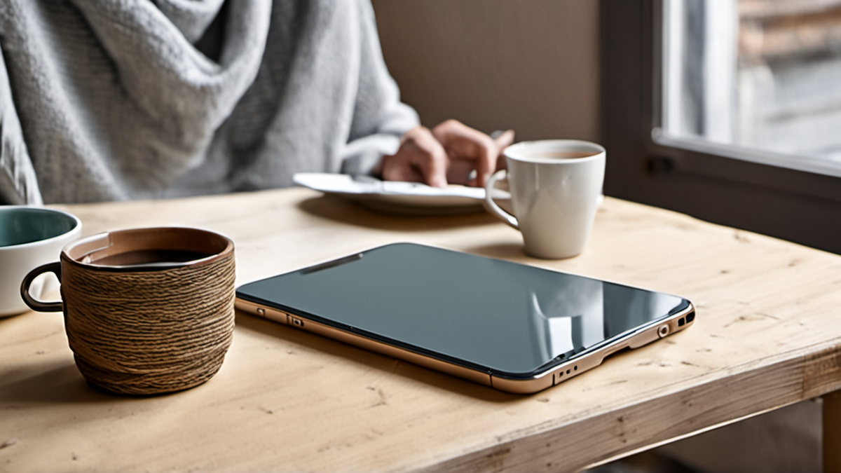 Une personne lance une mise à jour sur smartphone pendant une routine matinale.