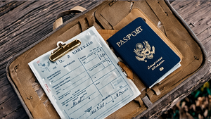 Passeport et checklist de voyage posés sur une table lors des préparatifs.