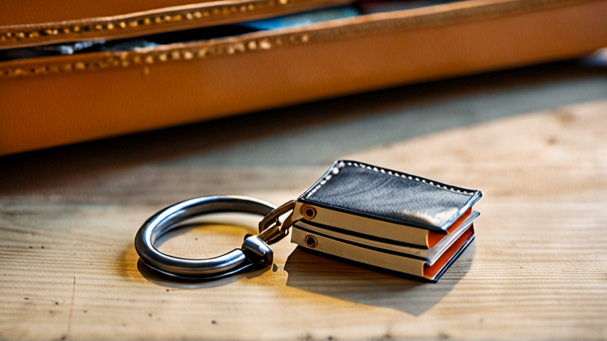 Pochette de documents de voyage et cadenas de valise sur une surface.