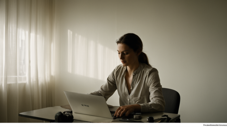 Une femme travaille sur un ordinateur portable, vue de dos, dans un intérieur sobre.