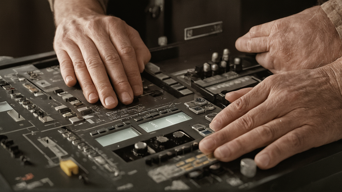 Un poste de travail simple avec routeur et ordinateur, écran illisible.