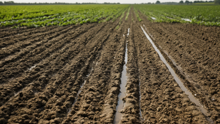 Champ avec capteur et irrigation, illustrant l’agriculture de précision.