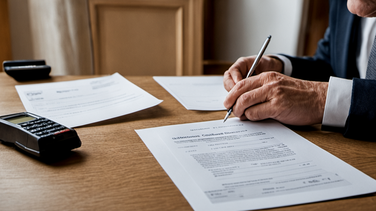 Une personne compare des documents d’assurance avec une carte bancaire et un smartphone.