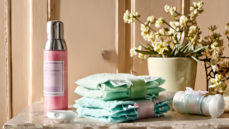 Produits
 menstruels posés sur une étagère de salle de bain, ambiance simple et quotidienne
