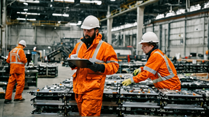 Modules de batteries dans une usine de recyclage moderne, techniciens équipés, sans marques lisibles.