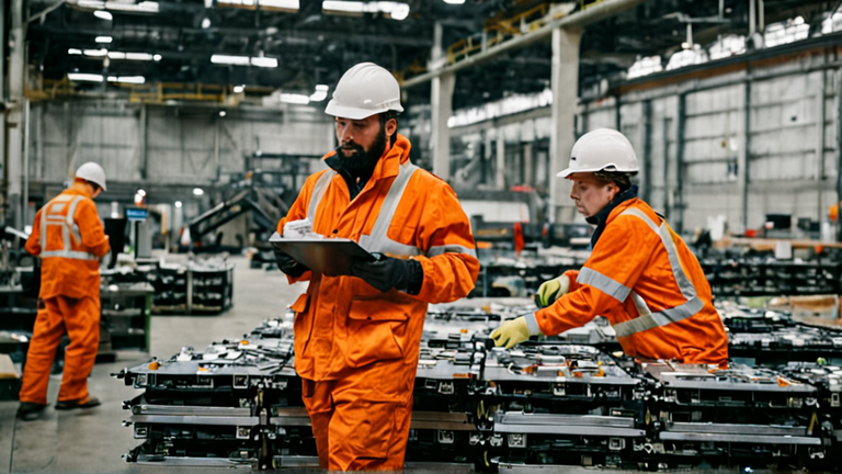 Modules de batteries dans une usine de recyclage moderne, techniciens équipés, sans marques lisibles.