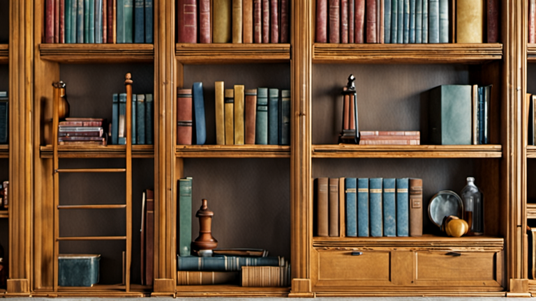 Étagères
 d’un lieu de prêt avec outils et objets étiquetés sans texte lisible, ambiance chaleureuse