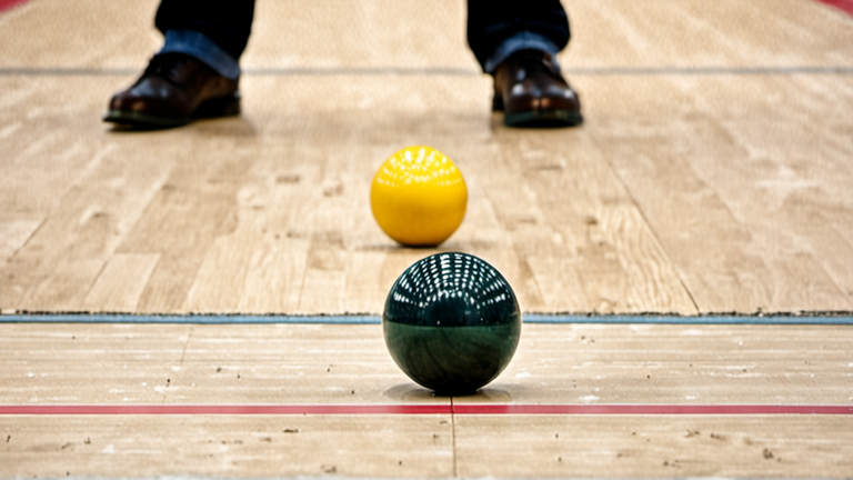 Deux joueurs de bowls alignent leurs boules près du jack sur une piste indoor.