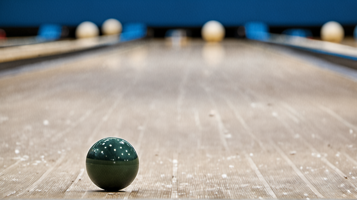 Un joueur de bowls se concentre avant de faire rouler sa boule en salle.