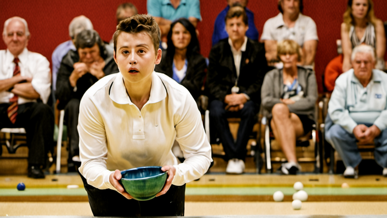 Joueur de bowls en salle en train de lancer une boule.