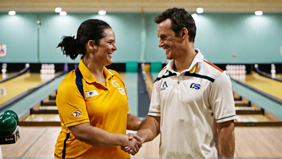 Deux joueurs de bowls se serrant la main après un end serré.