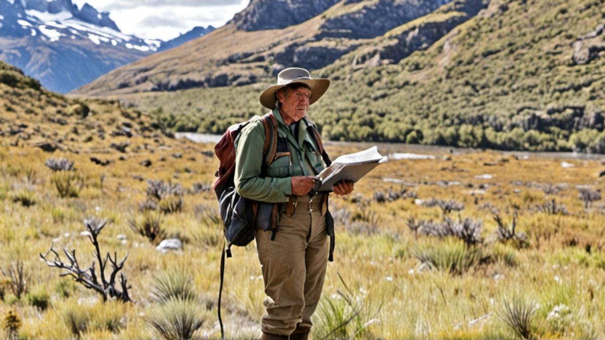 Une personne observe la faune et les paysages patagoniens avec des jumelles.