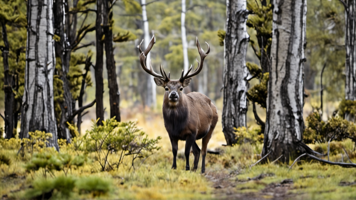 Un huemul dans un habitat forestier patagonien.