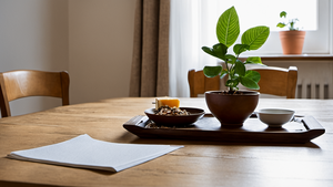 Un étudiant et une personne âgée discutent autour d’une table dans un appartement.