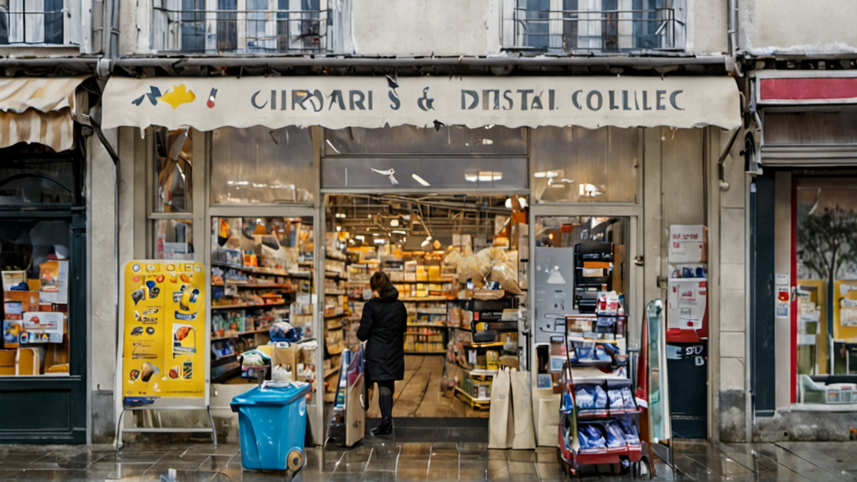 Un bac de collecte de produits d’hygiène près d’une entrée de magasin.