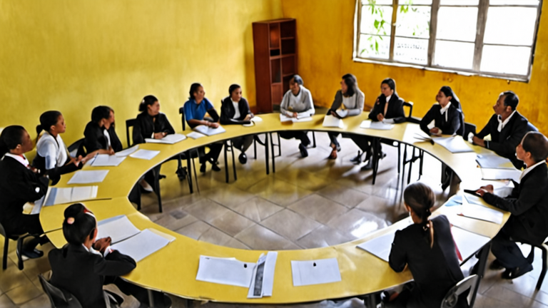 Salle
 de classe lumineuse avec élèves en cercle, discussion calme, affiches neutres sans texte lisible