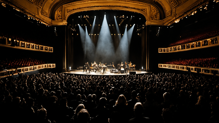 Un public assiste à un concert dans une salle, avec une scène lumineuse sans affichage lisible.