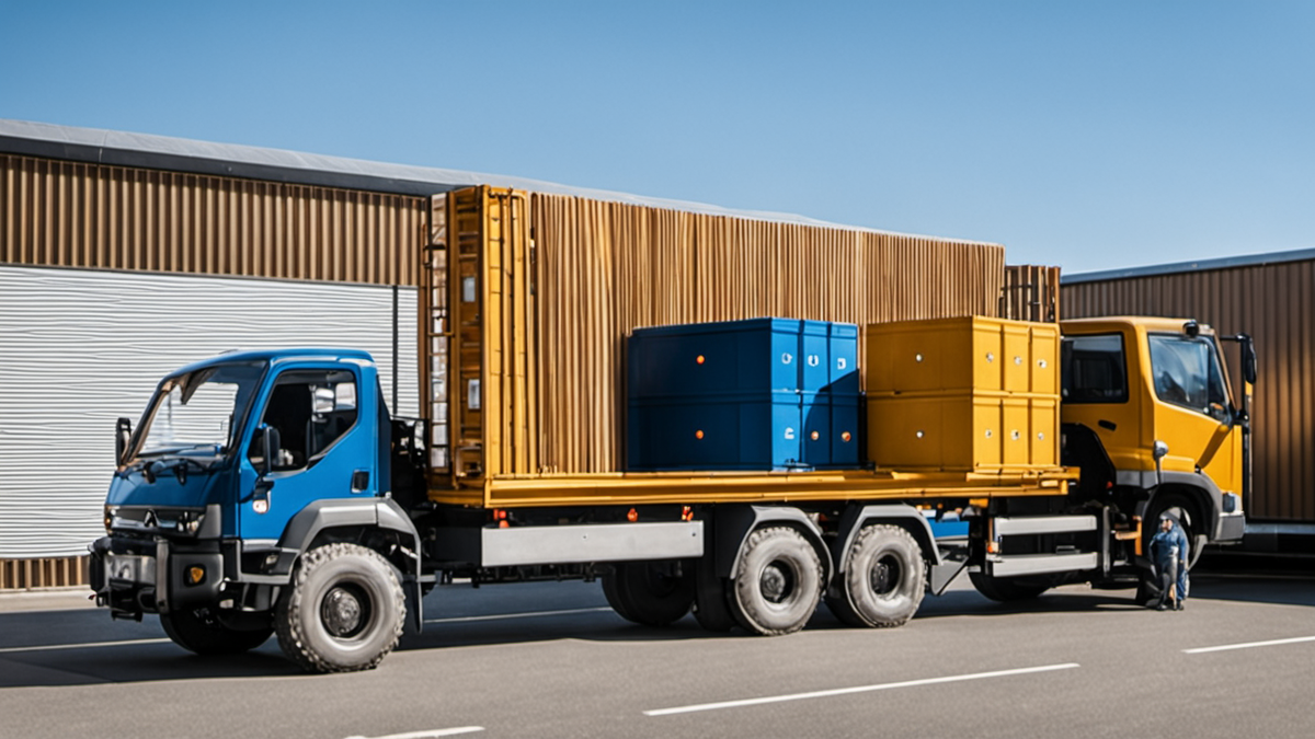 Des techniciens montent une scène modulaire avec des caisses de transport réutilisables.