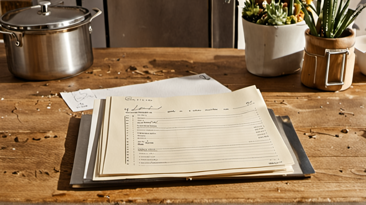 Un carnet de planification posé près de boîtes de repas prêtes à cuisiner.