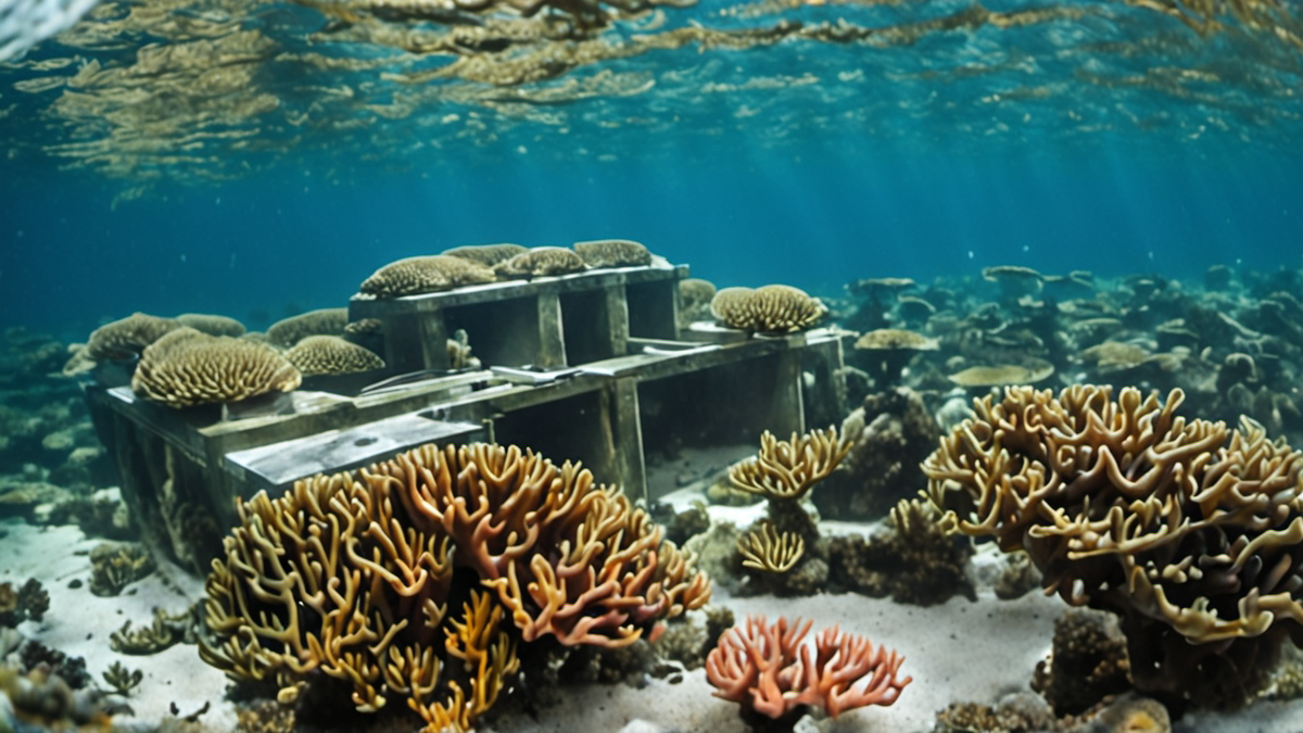 Une pépinière de coraux observée par un plongeur, sous l’eau.