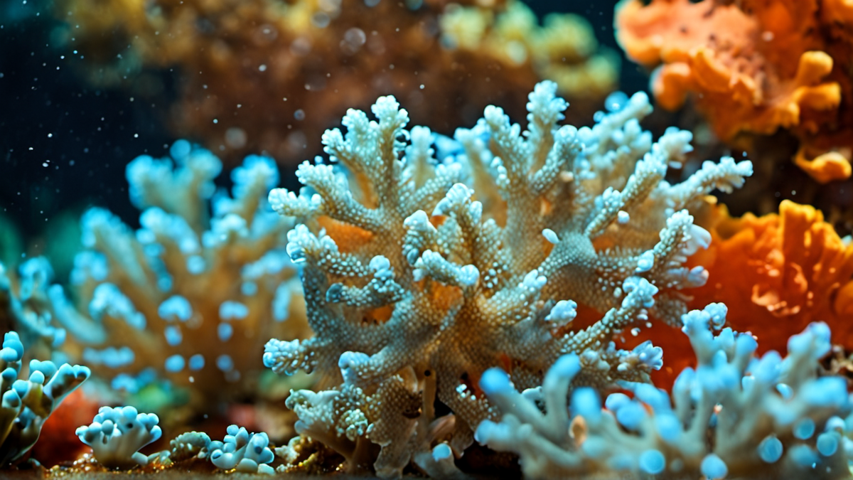 Des fragments de corail fixés sur un support de transplantation, sous l’eau.