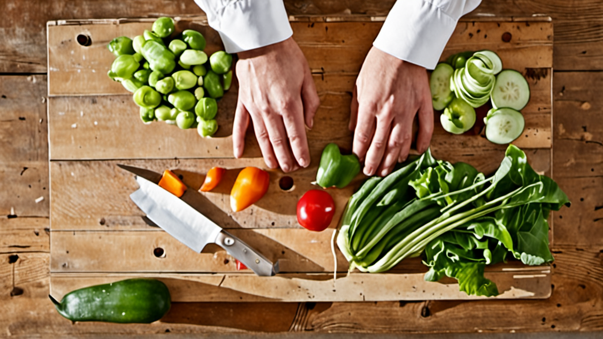 Mains triant et préparant des légumes imparfaits sur une table de cuisine collective.