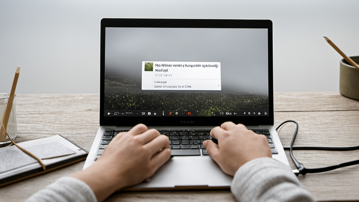 Des mains tapent sur un clavier devant une interface de chat floue.