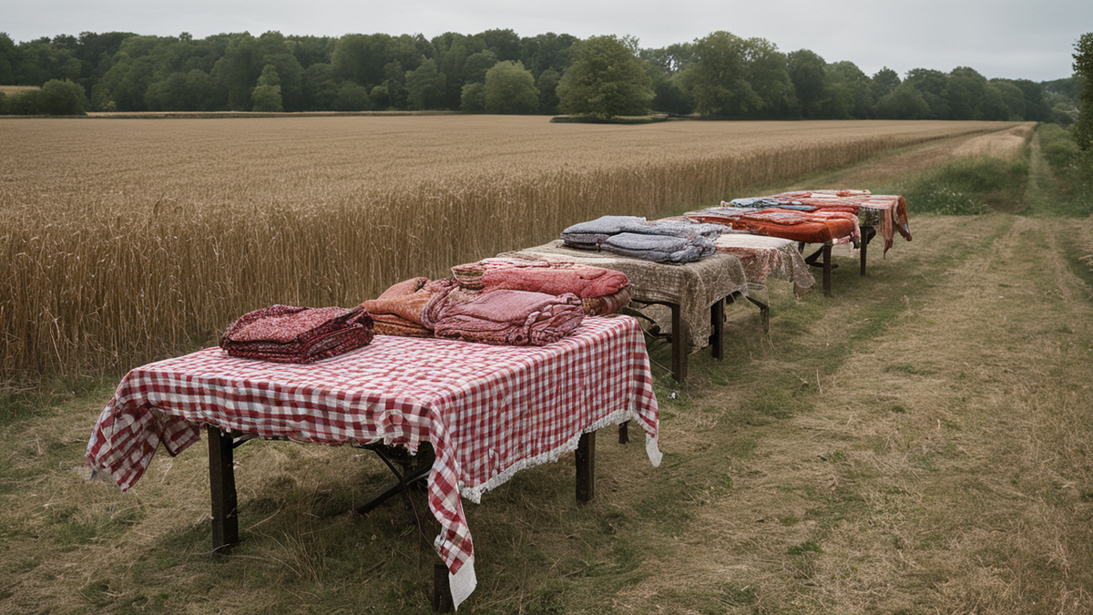 Table de tri de dons avec piles séparées et sacs fermés.