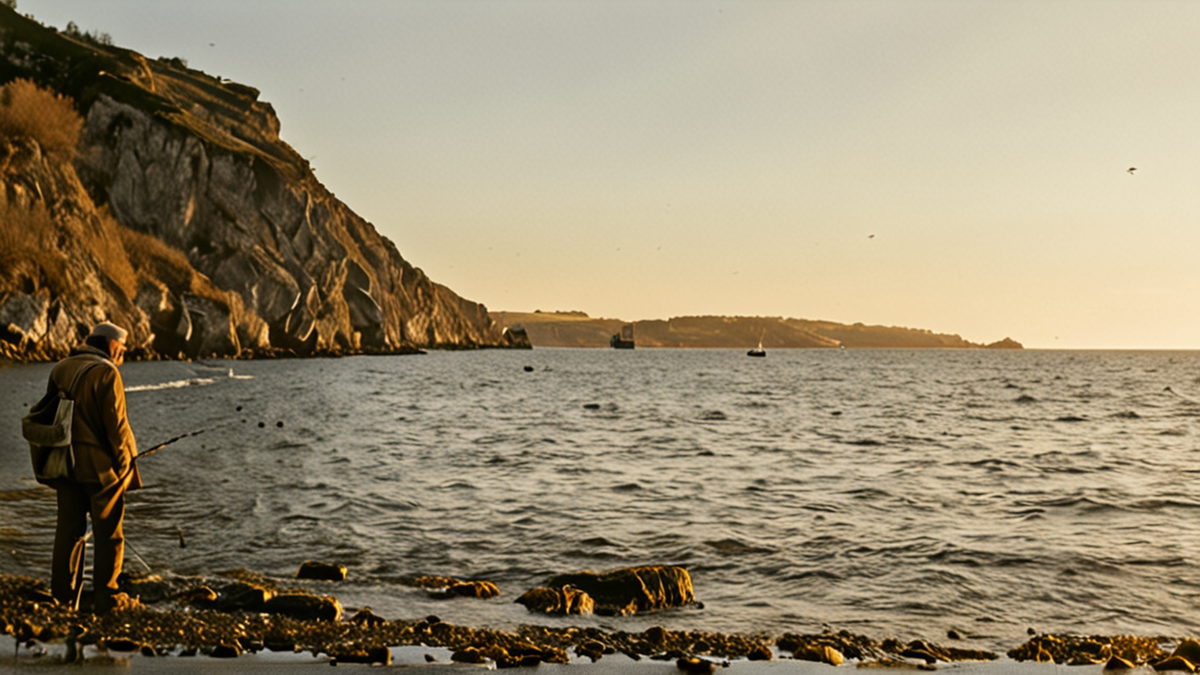 Pêcheur observant des bouées de balisage en mer avec des éoliennes au loin.
