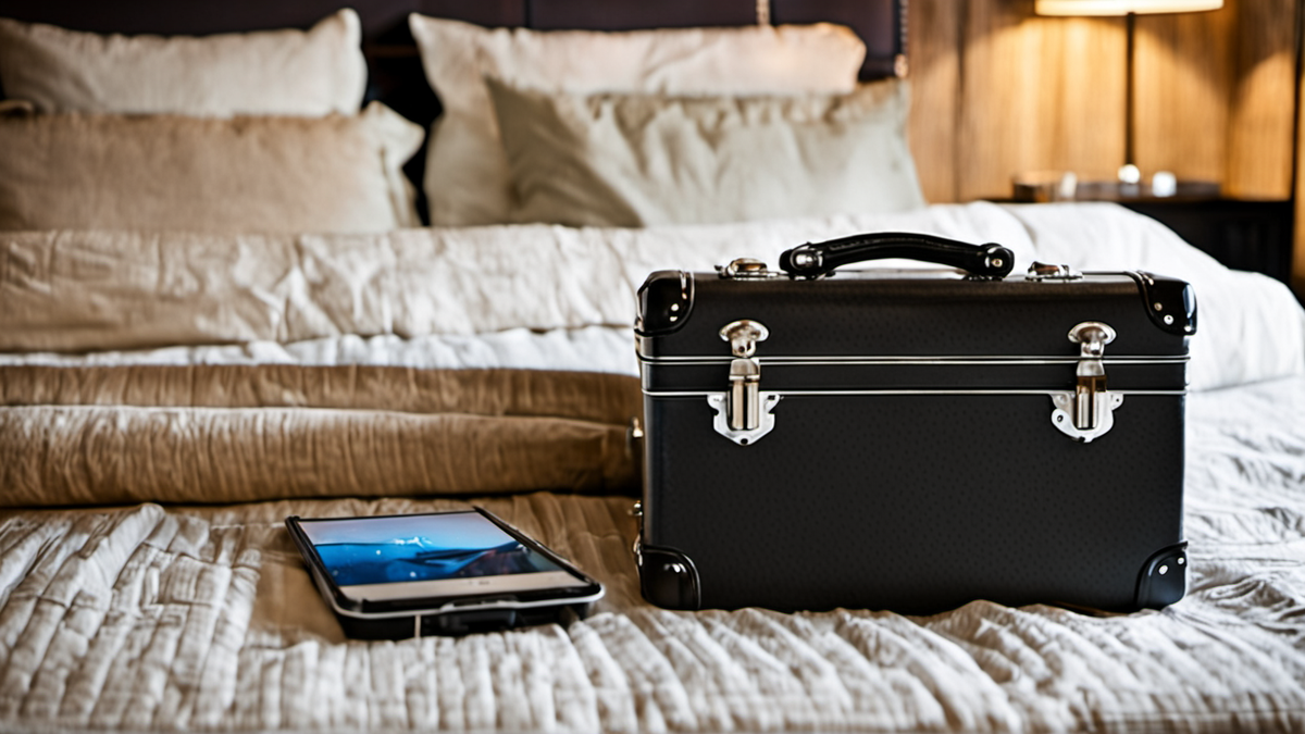 Un smartphone et une valise ouverts lors d’une préparation de voyage.