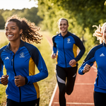 Une équipe mixte célèbre sur une ligne d’arrivée après un relais.