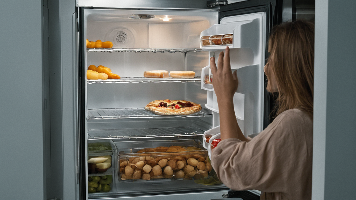 Intérieur d’un réfrigérateur propre et rangé, étagères visibles.