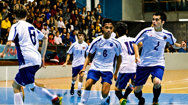 Action de futsal en salle avec un duel proche du but.