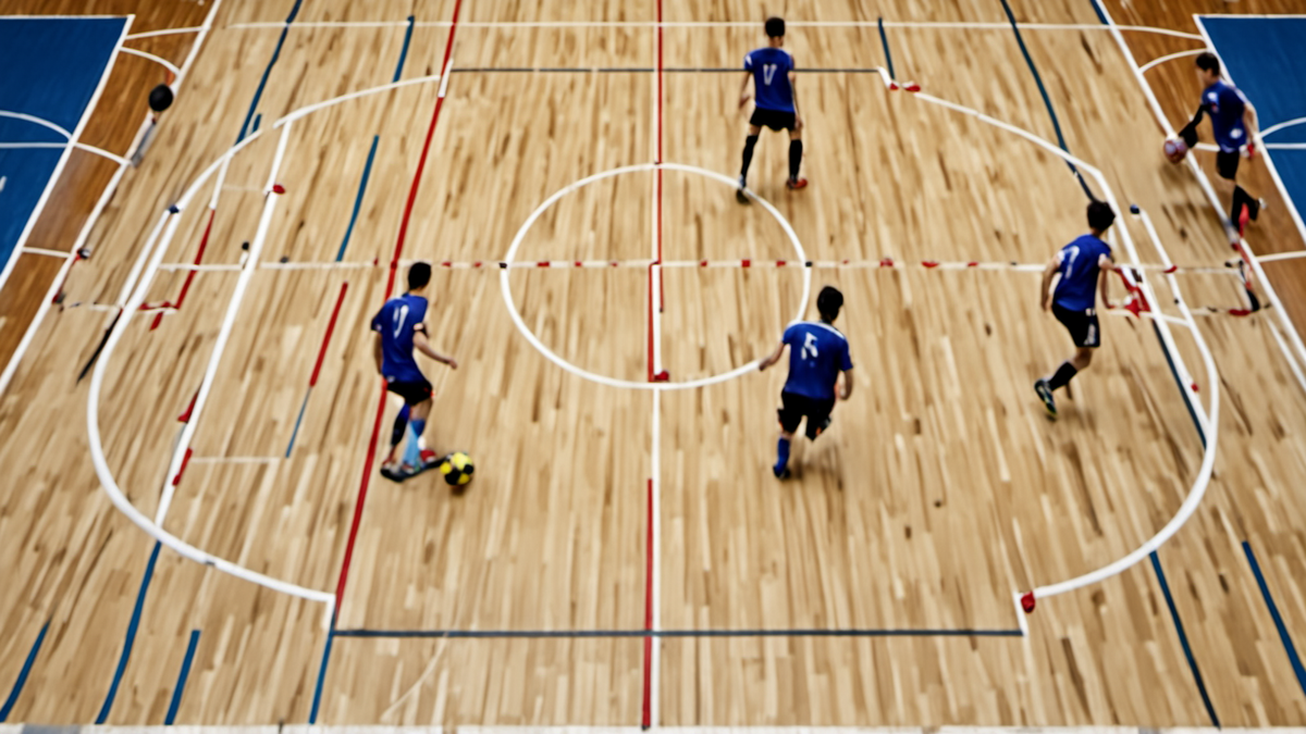 Vue d’ensemble d’un terrain de futsal avec joueurs en mouvement.