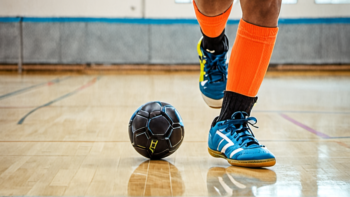 Gros plan sur le ballon de futsal et les appuis d’un joueur.