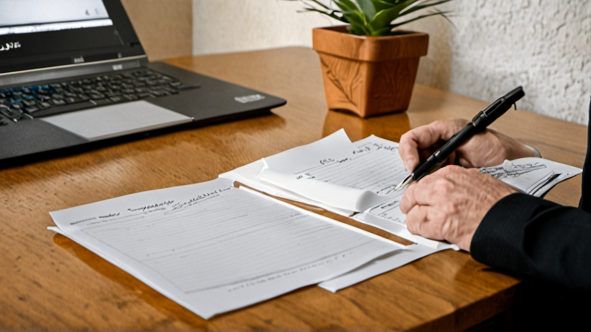 Une personne note des repères méthodologiques près d’un ordinateur portable.