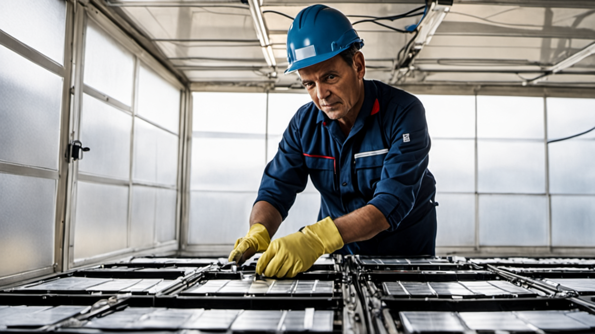 Un technicien contrôle l’onduleur et les batteries d’un micro-réseau solaire.