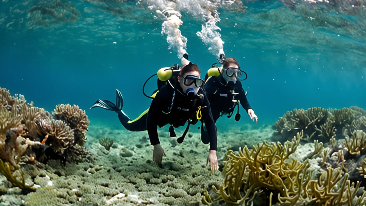 Un biologiste marin observe des hippocampes en plongée avec une ardoise.