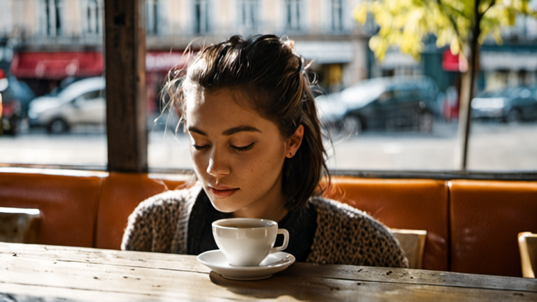 Une personne utilise une fonction IA sur smartphone, dans un café.