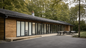 Hall d’immeuble avec éclairage sobre, symbole d’actions collectives d’économie d’énergie.