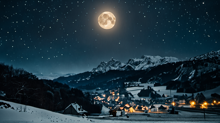 Paysage nocturne d’hiver avec Lune brillante et étoiles visibles.