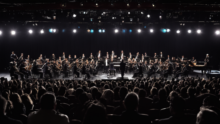 Salle de concert avec orchestre et silhouettes de public, illustrant un concert de musiques de jeux vidéo.