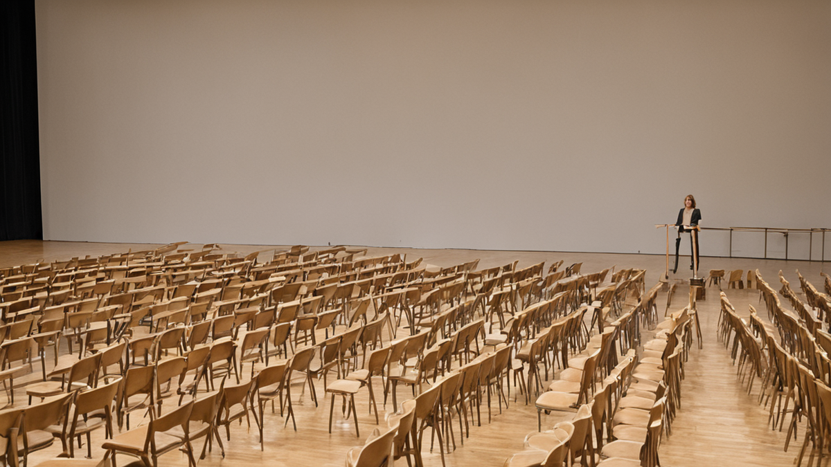 Scène de concert avant une représentation, chaises et micro visibles.