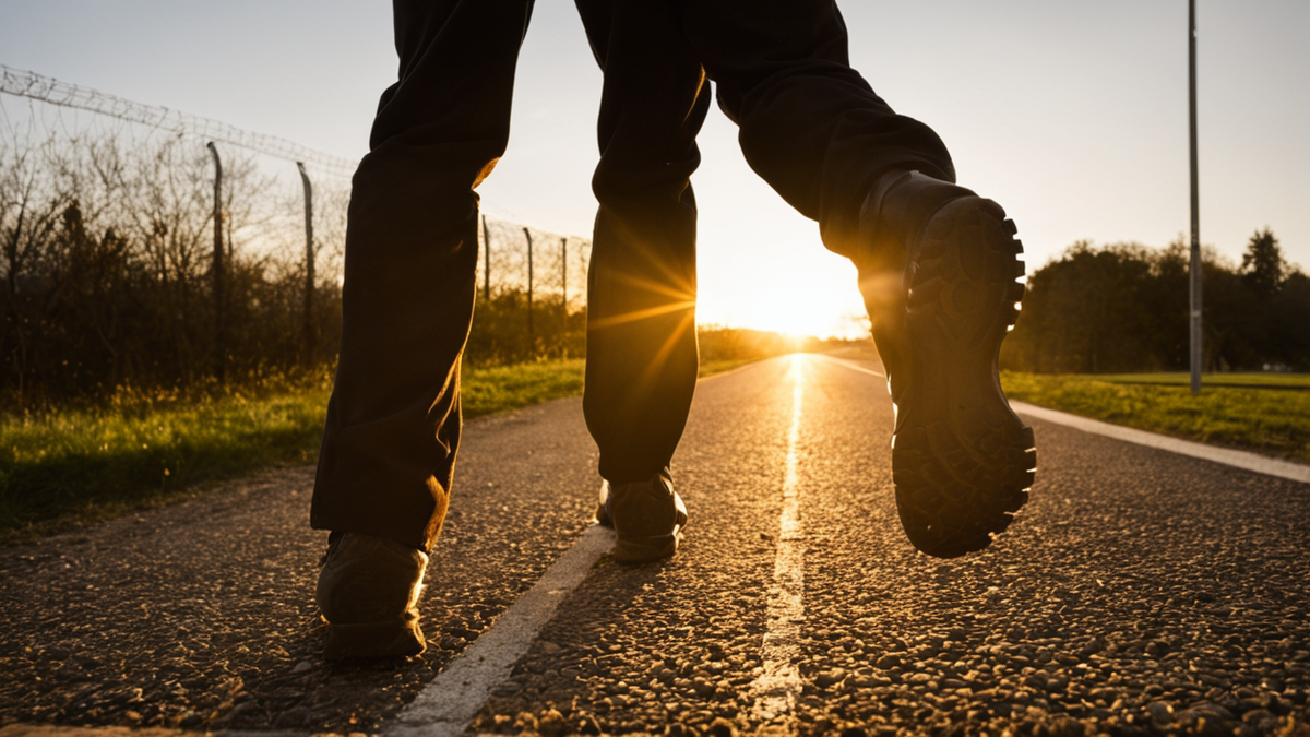 Silhouette d’un coureur sur un chemin au petit matin, allure tranquille.
