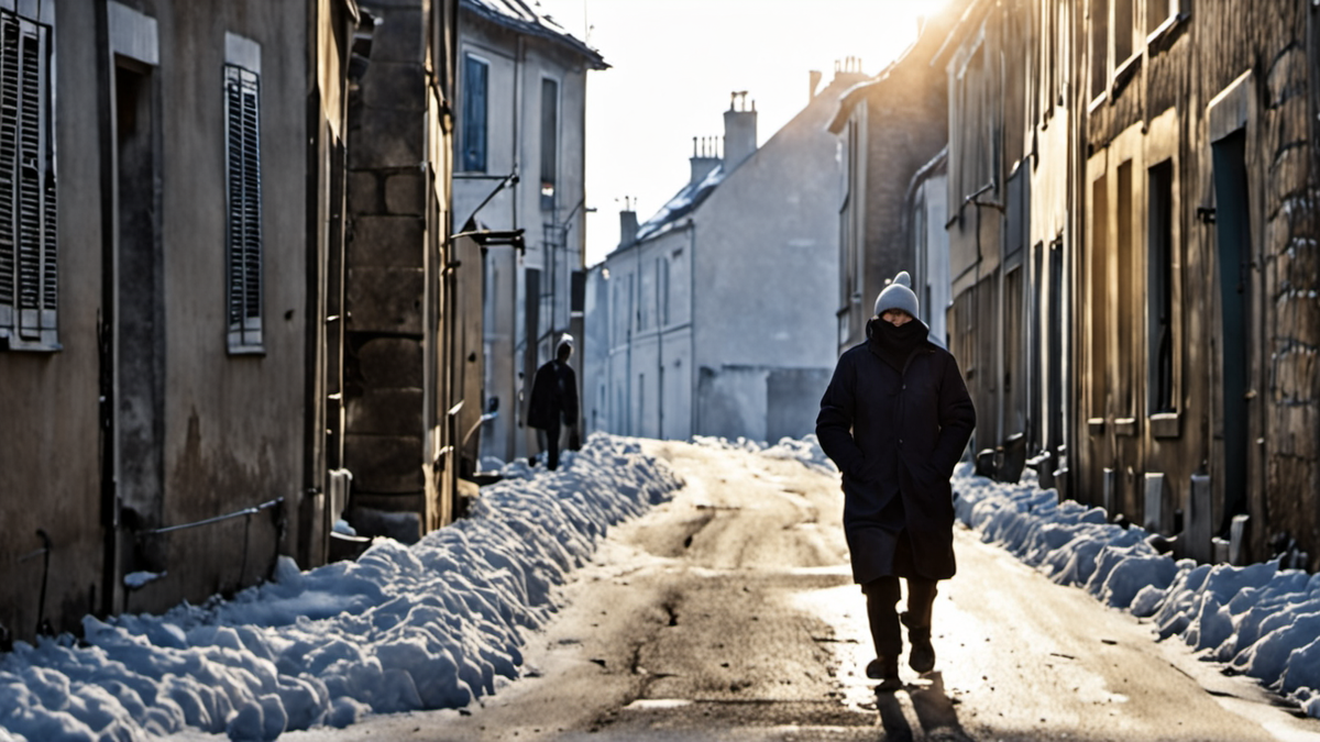 Un binôme de maraude marche dans une rue en hiver, silhouettes non identifiables.