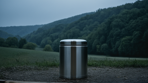 Bénévoles de dos lors d'une maraude urbaine, thermos neutre au premier plan.