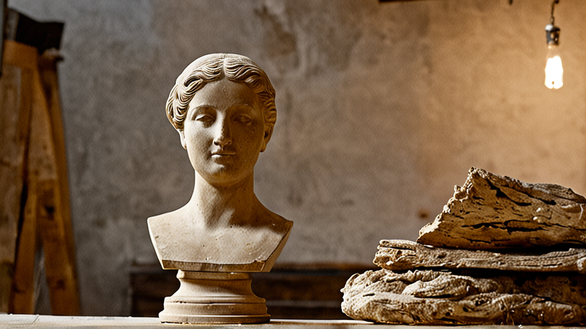 Une restauratrice travaille sur une sculpture dans un atelier patrimonial.