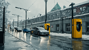 Voitures électriques en charge sur une rue urbaine norvégienne.