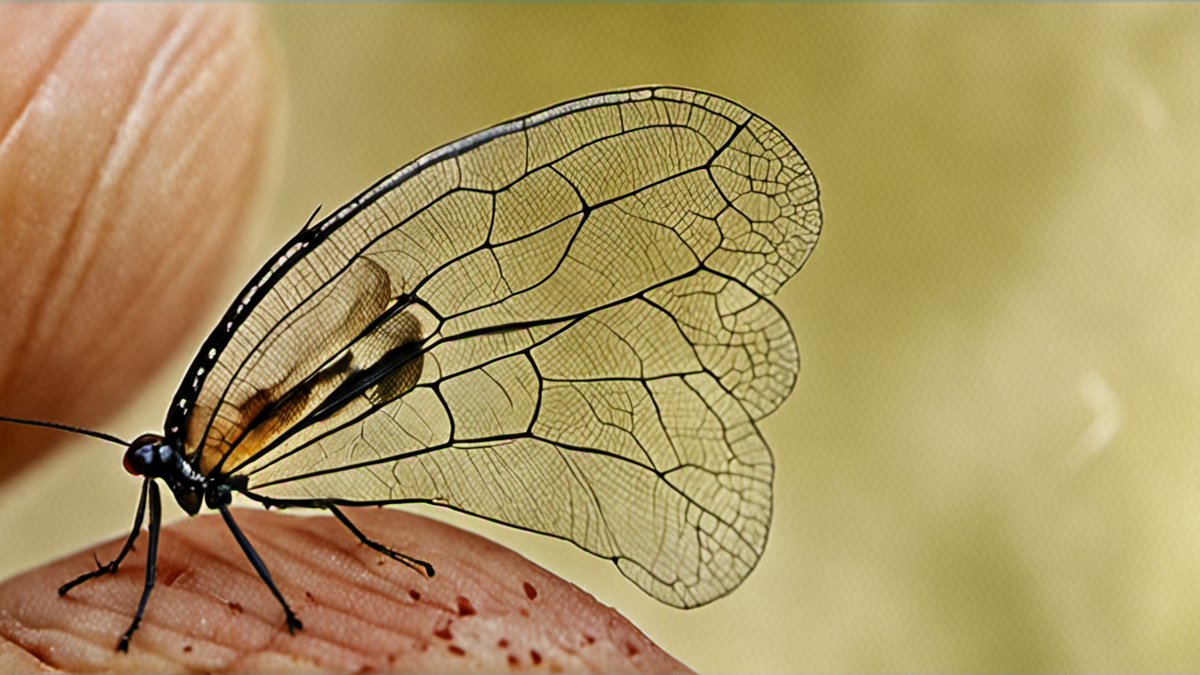 Macro d’une aile d’insecte montrant une texture fine.