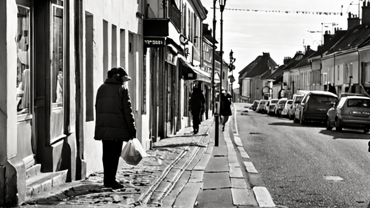 Personne portant un sac de courses dans une rue de quartier, scène non identifiable.